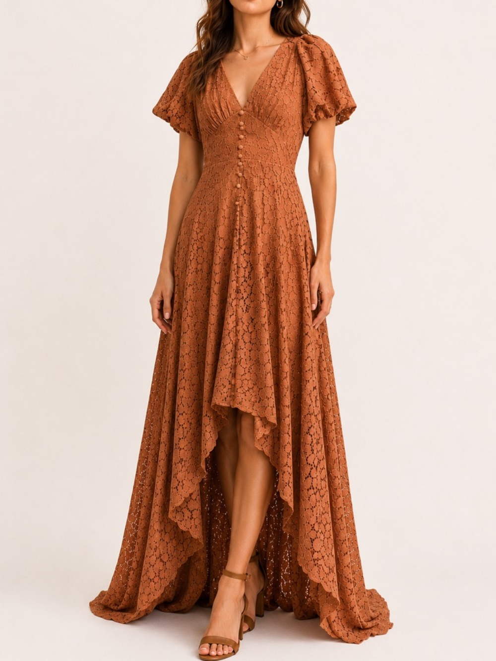 Parker Lace High Low Maxi Dress Rust Puff Sleeve Boho Romantic Size 6 NWT